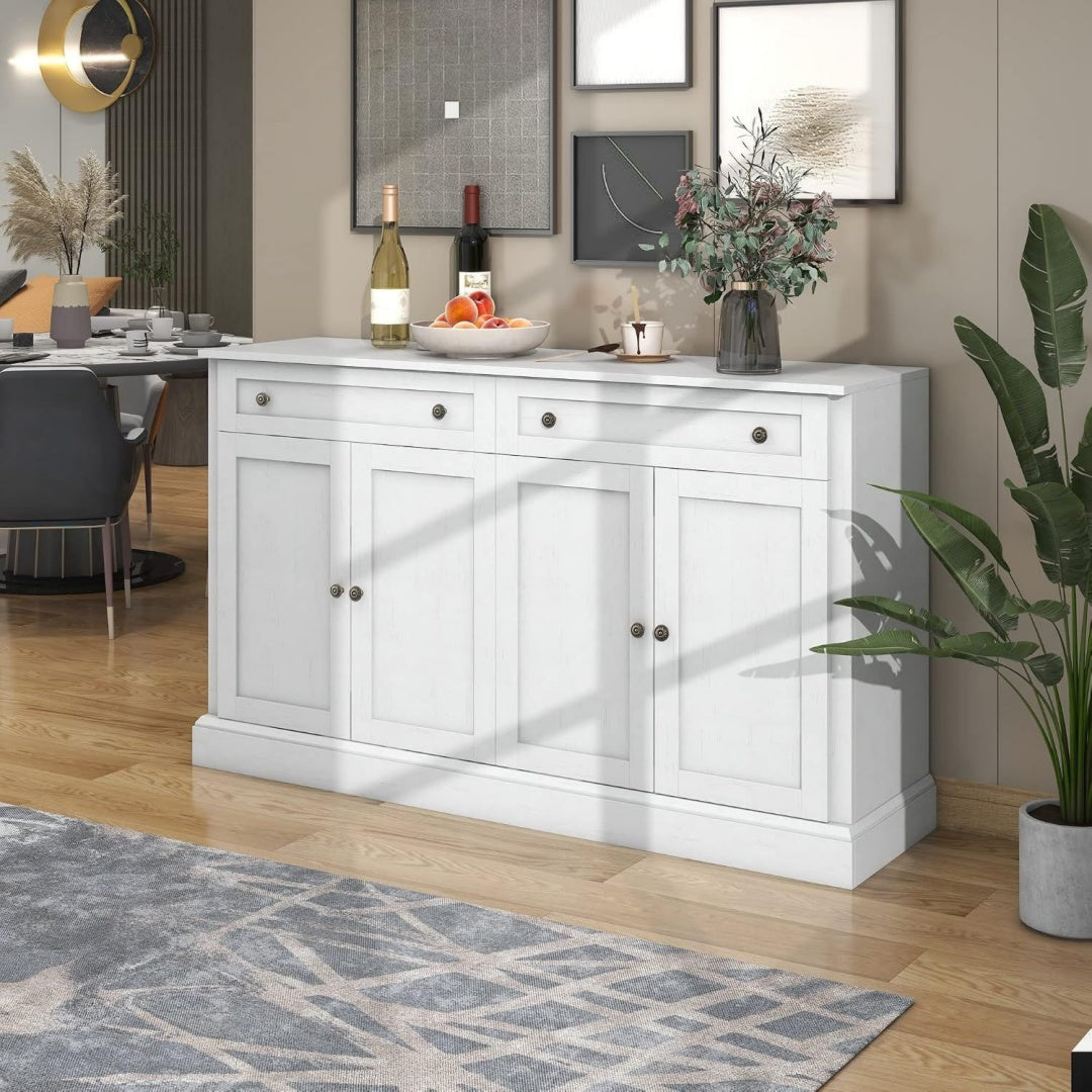 Buffet en MDF gris clair, quatre portes, etageres modulables