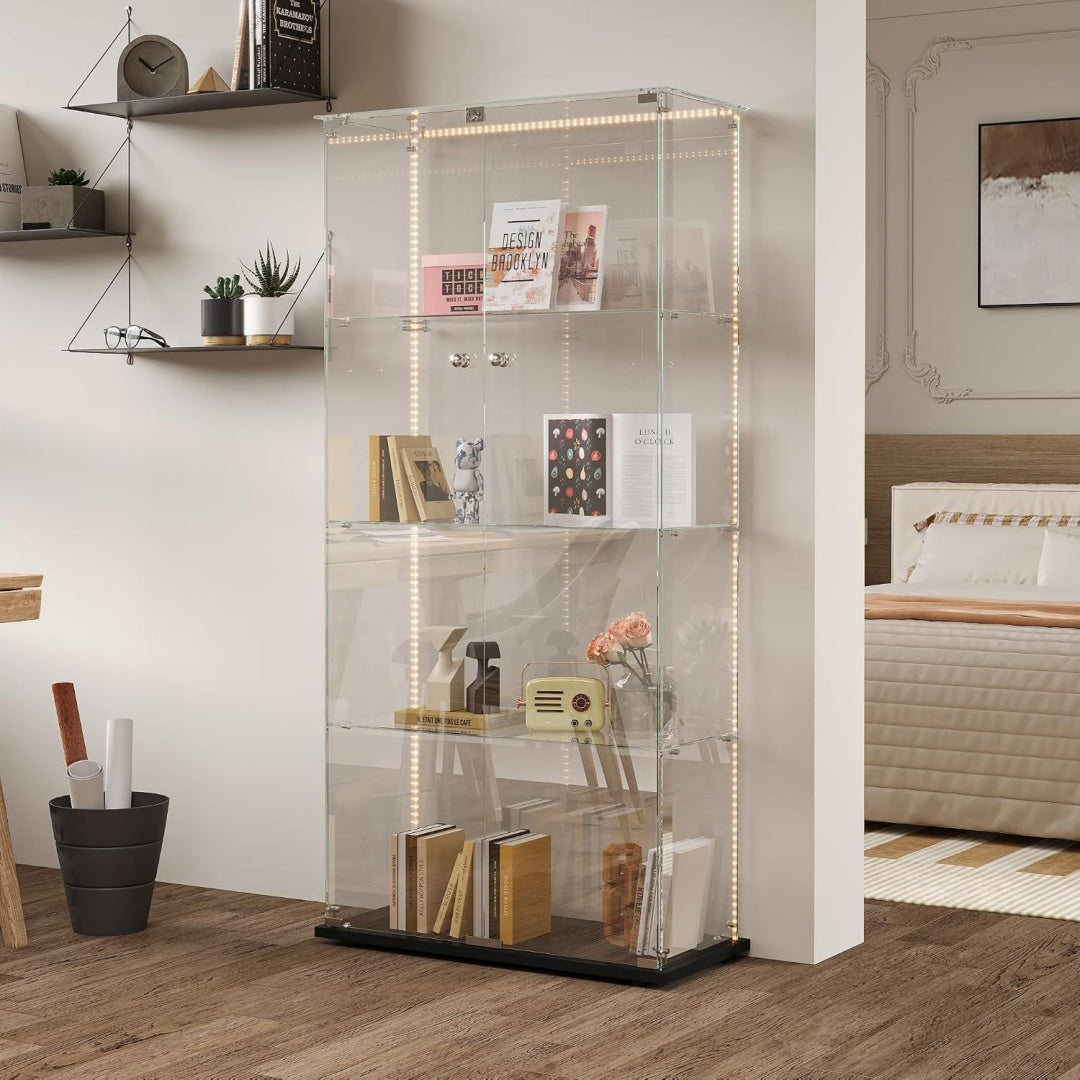 Vitrine dexposition gris clair en bois, rangement + 2 portes