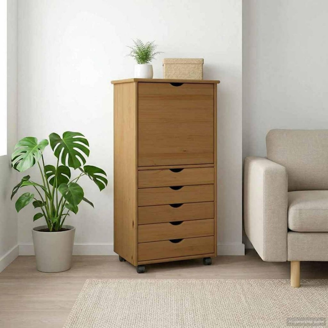 Meuble de rangement epure en bois massif 5 tiroirs gris clair