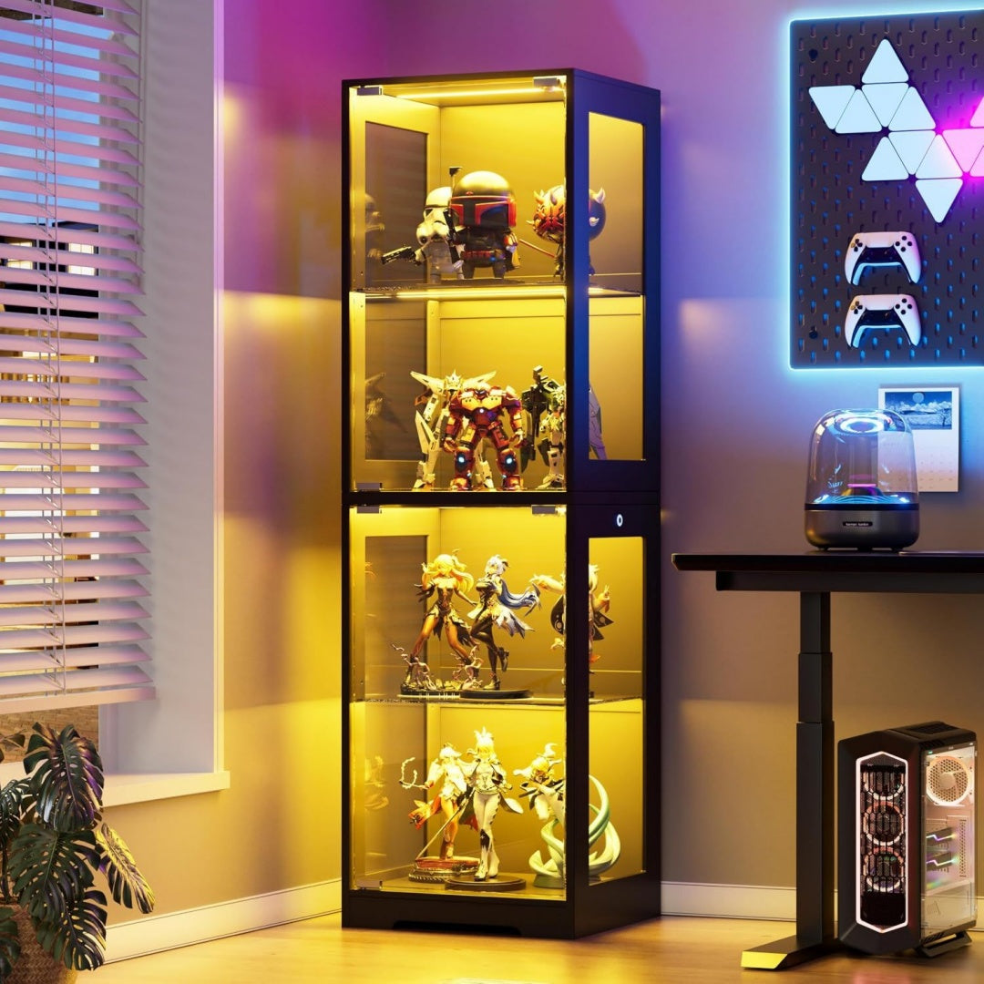 elegante vitrine avec plateau en verre trempe marron pour salon