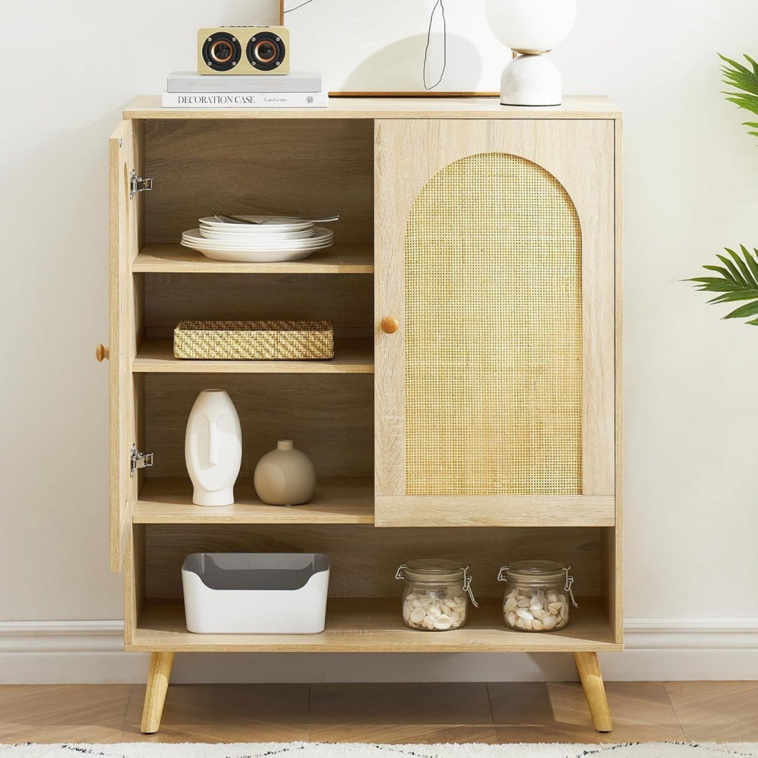 Buffet gris clair, portes en rotin ideal pour salon