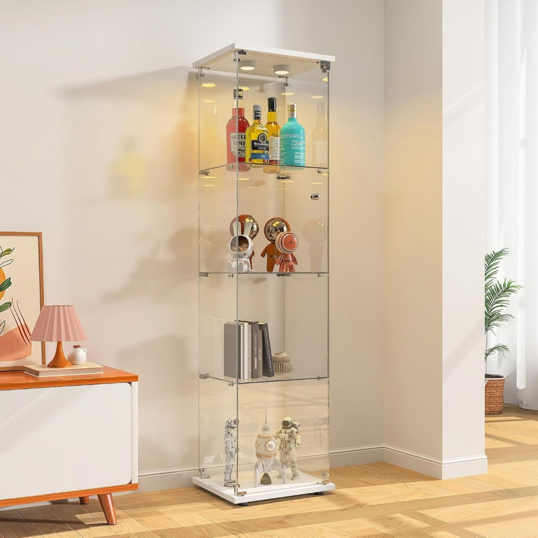 Vitrine beige, verre, 36.5 x 80.2 x 164 cm, rangement intelligent