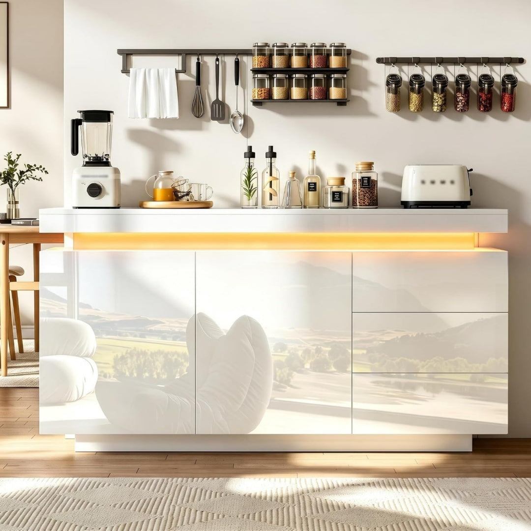Meuble buffet gris clair, LED, ideal pour salle a manger