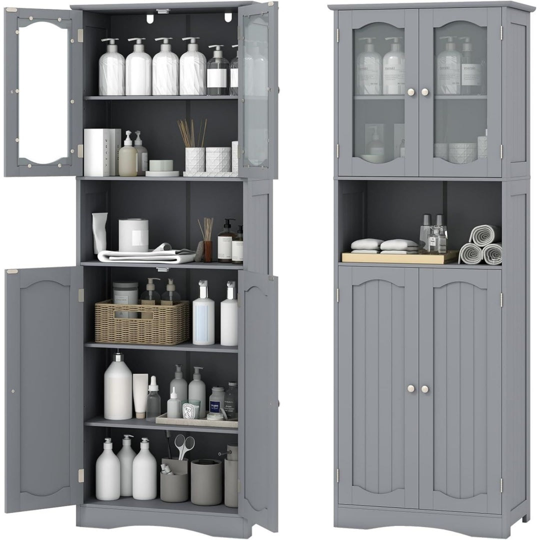 Meuble sur pied gris, installation murale, gain de place, rangement optimise