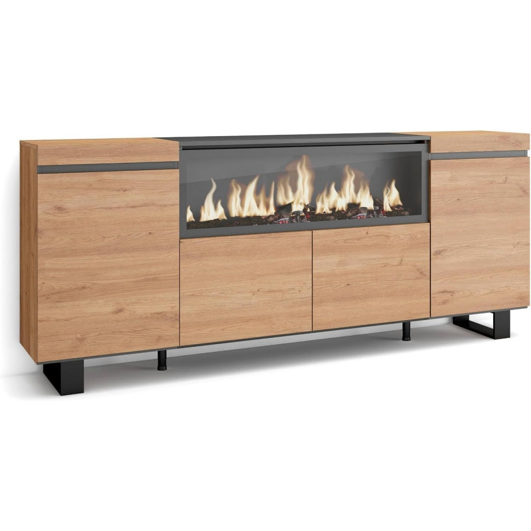 Cheminee dappoint marron en bois, etageres+ 4 portes