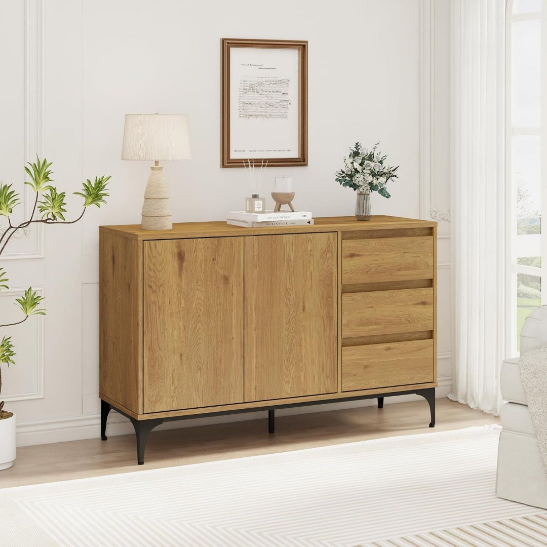 Credence gris clair a 2 portes 3 tiroirs, design moderne metal