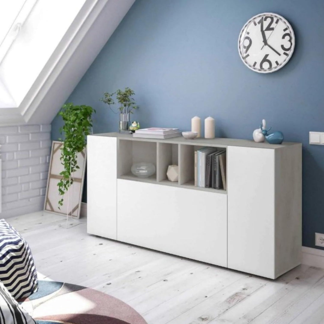Buffet gris clair avec 3 portes et gain de place
