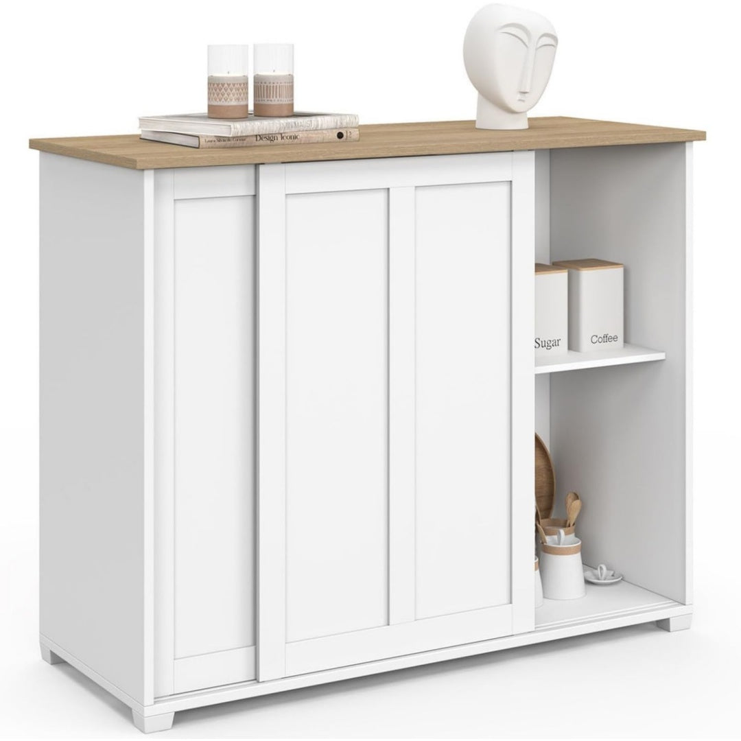 Buffet gris clair 2 etageres reglables, bois ingenierie et style contemporain