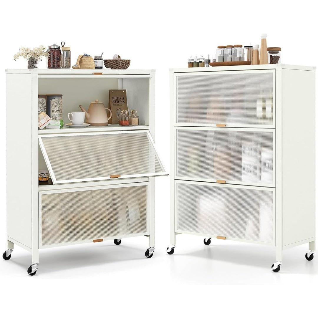 Armoire colonne gris clair, roulettes, rangement multifonction
