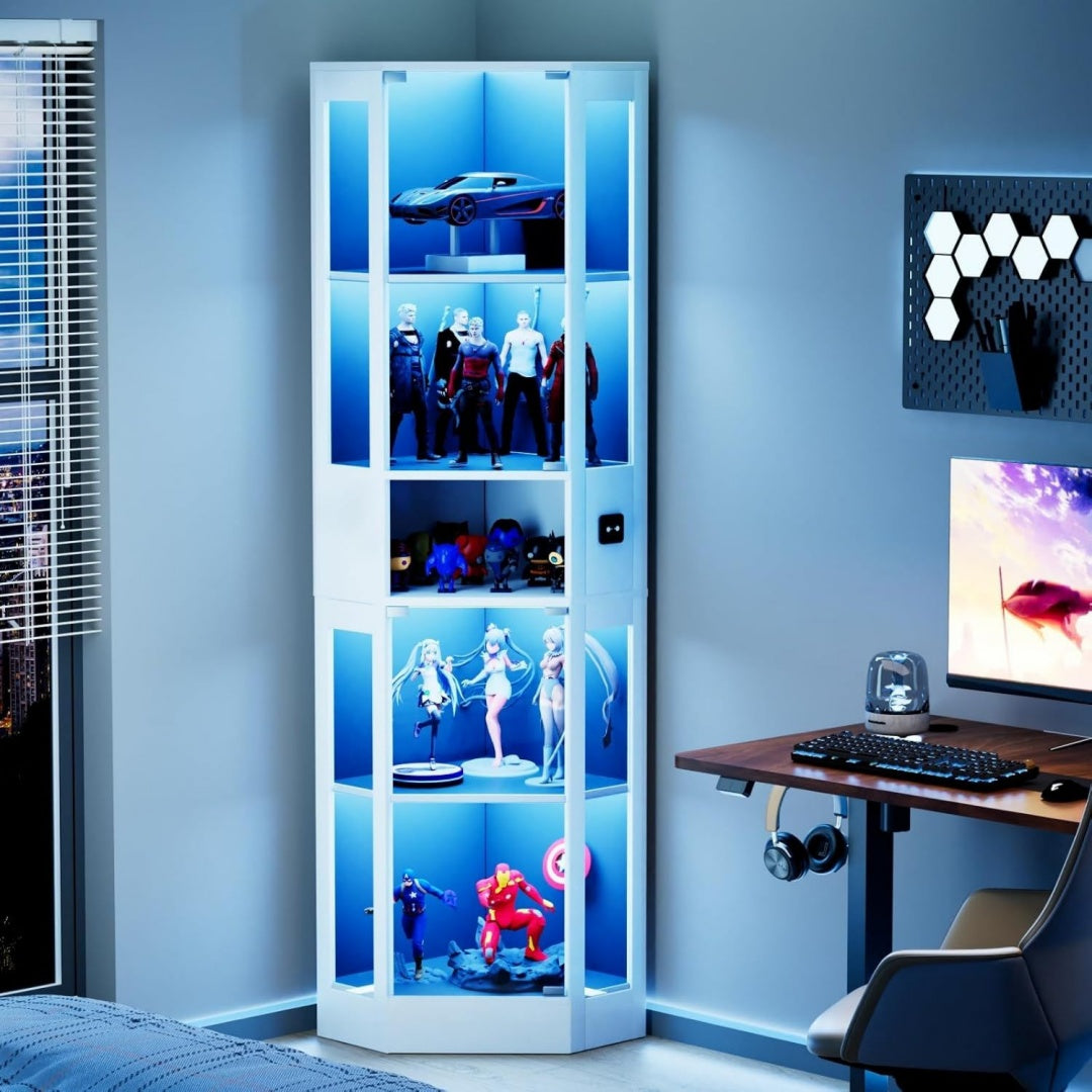 Vitrine bleu, verre, 57 x 40 x 165 cm, rangement intelligent
